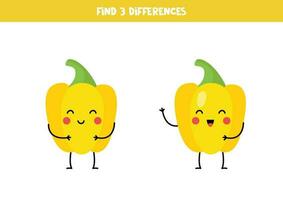 Find three differences between two pictures of cute kawaii peppers. vector