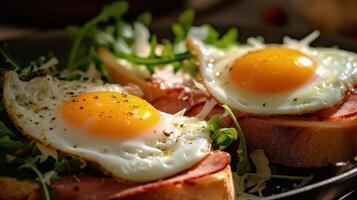 Fried eggs sunny side up on french baguette, ham Illustration photo