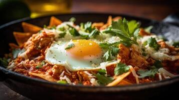 Mexican chilaquiles with fried egg, chicken and spicy green sauce Illustration photo