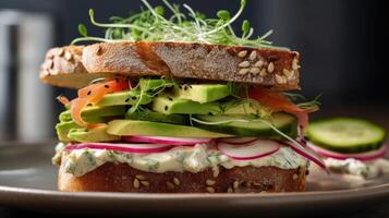 Vegetarian sandwich made with sourdough bread, avocado creme, cucumber, radish and remoulade sauce Illustration photo