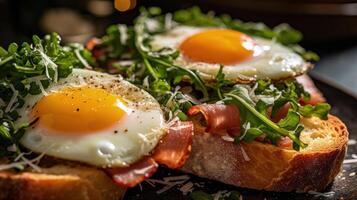 Fried eggs sunny side up on french baguette, ham Illustration photo