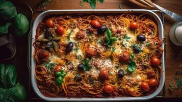 Homemade Spaghetti Breakfast Casserole in a Baking Dish. Illustration photo