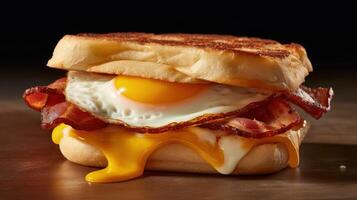 tocino, huevo y queso desayuno emparedado en un tostado Inglés mollete ilustración ai generativo foto