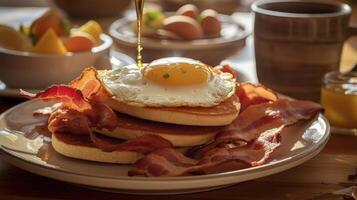 desayuno con tocino, huevos, panqueques, y brindis ilustración ai generativo foto