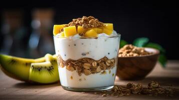 Mango yogurt with granola and kiwi in wooden bowl Illustration photo