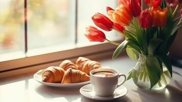 hermosa desayuno, almuerzo con taza de café y Fresco cruasanes, tulipanes ilustración ai generativo foto