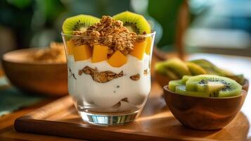 Mango yogurt with granola and kiwi in wooden bowl Illustration photo
