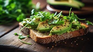 Avocado toast on a white plate on a rustic wooden table Illustration photo