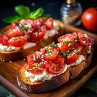 Italian bruschetta with ricotta cheese and tomatoes Illustration photo