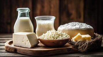 Dairy products on rustic wooden table Illustration photo