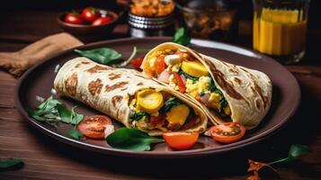 Breakfast tortilla wrap with omelet, beans and vegetables Illustration photo