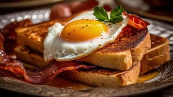 desayuno con tocino, huevos, panqueques, y brindis ilustración ai generativo foto