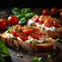 Italian bruschetta with ricotta cheese and tomatoes Illustration photo