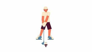 Animated golfer in action. Young male golfer playing golf isolated 2D animation. Golf country club. Cartoon flat character 4K video footage, white background, alpha channel transparency for web design