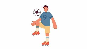 Animated brazilian footballer. Young sportsman kicking soccer ball isolated 2D animation. Cartoon flat character 4K video footage, white background, alpha channel transparency for web design