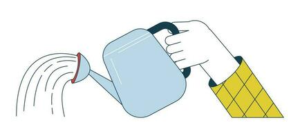 Hand holding watering can flat line vector spot illustration. Plant waterer 2D cartoon outline first view hand on white for web UI design. Pouring water equipment editable isolated colorful hero image