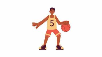 Animated basketball player. African american sportsman dribbling basketball isolated 2D animation. Cartoon flat character 4K video footage, white background, alpha channel transparency for web design