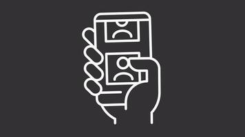 Scrolling icon animation, white line. Animated line hand holding smartphone. Phone contacts. Seamless loop HD video with alpha channel, transparent background. Motion graphic design for night mode