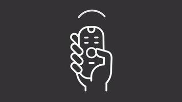 Animated TV remote white line icon. Person pressing button on remote control animation. Seamless loop HD video with alpha channel, transparent background. Motion graphic design for night mode