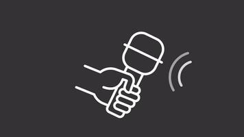 TV interview white icon animation. Animated line hand with microphone and sound waves. Seamless loop HD video with alpha channel, transparent background. Motion graphic design for night mode