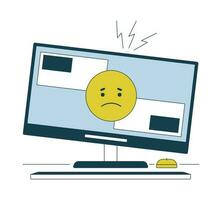 Computer problem flat line vector spot illustration. Sad emoticon on cracked display 2D cartoon outline object on white for web UI design. Broken equipment editable isolated colorful hero image