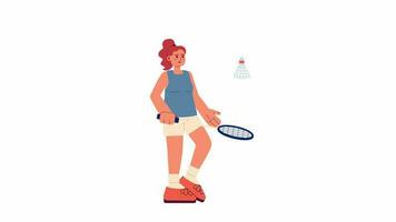 animiert Badminton Spieler. weiblich Athlet Schlagen Federball isoliert 2d Animation. Sport Frau. Karikatur eben Charakter 4k Video Filmaufnahme, Weiß Hintergrund, Alpha Kanal Transparenz zum Netz Design