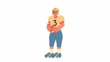 Animated rugby player. American football quarterback with helmet throwing isolated 2D animation. Cartoon flat character 4K video footage, white background, alpha channel transparency for web design