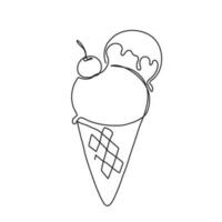 Continuous one line drawing of ice cream waffle cone. Vector illustration of hand drawn dessert with cherry on linear style