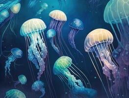 Jellyfish swims in the ocean sea created with technology photo