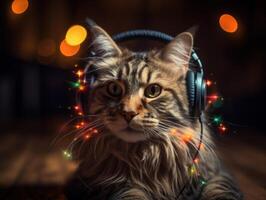 Cat in big headphones enjoys music. Created with technology photo