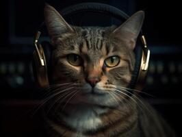 Cat in big headphones enjoys music. Created with technology photo