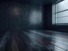 Empty dark room with concrete floor and black wall Created with technology photo