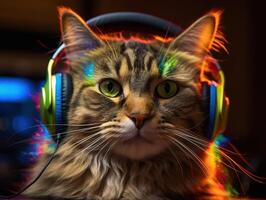 Cat in big headphones enjoys music. Created with technology photo