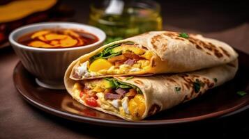 Breakfast tortilla wrap with omelet, beans and vegetables Illustration photo