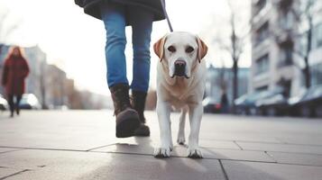 Owner and dog walking in city. Illustration photo