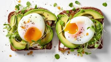 Sandwiches with avocado, poached egg, Illustration photo