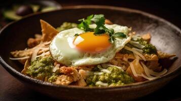 Mexican chilaquiles with fried egg, chicken and spicy green sauce Illustration photo