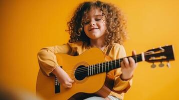 Rizado niña con guitarra. ilustración ai generativo foto