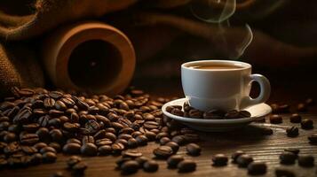 café frijoles y un taza de negro café en un de madera mesa ilustración ai generativo foto