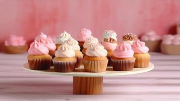 Dessert stand with delicious cupcakes Illustration photo