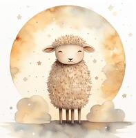 Cute watercolor night sheep and moon. Illustration photo