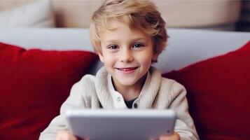 Little boy with tablet pc. Illustration photo