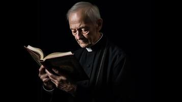 sacerdote con antiguo Biblia en negro fondo, ilustración ai generativo foto