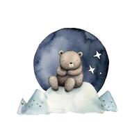 Cute watercolor night bear and moon. Illustration photo