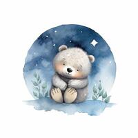 Cute watercolor night bear and moon. Illustration photo