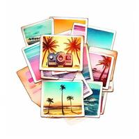 Watercolor stack of instant photos with summer theme. Illustration