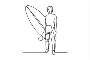 Continuous line-up of surfers and waves. Surfing in the sea in minimalistic hand drawn style. vector