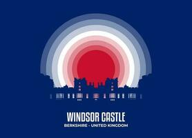 Windsor Castle. Moonlight illustration of famous historical statue and architecture in United Kingdom. Color tone based on flag. Vector eps 10