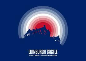 Edinburgh Castle. Moonlight illustration of famous historical statue and architecture in United Kingdom. Color tone based on flag. Vector eps 10