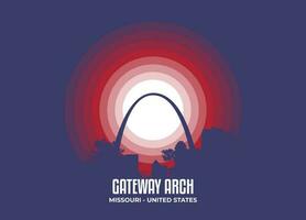 Gateway Arch. Moonlight illustration of famous historical statue and architecture in United States of America. Color tone based on flag. Vector eps 10